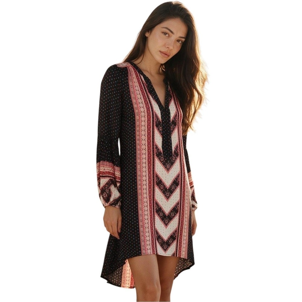 Free People Peacemaker Tunic Dress Black Red Tribal Boho Relaxed Fit Festival XS